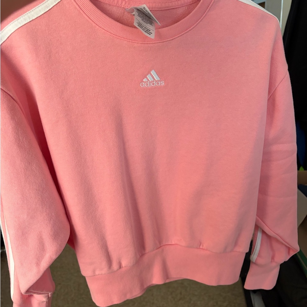 adidas Pink Crew Sweatshirt with White Stripe Accents - Picture 3 of 3